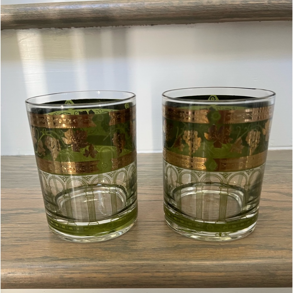 set of 2 Cera Glass Golden Grapes Green Old Fashioned Glass